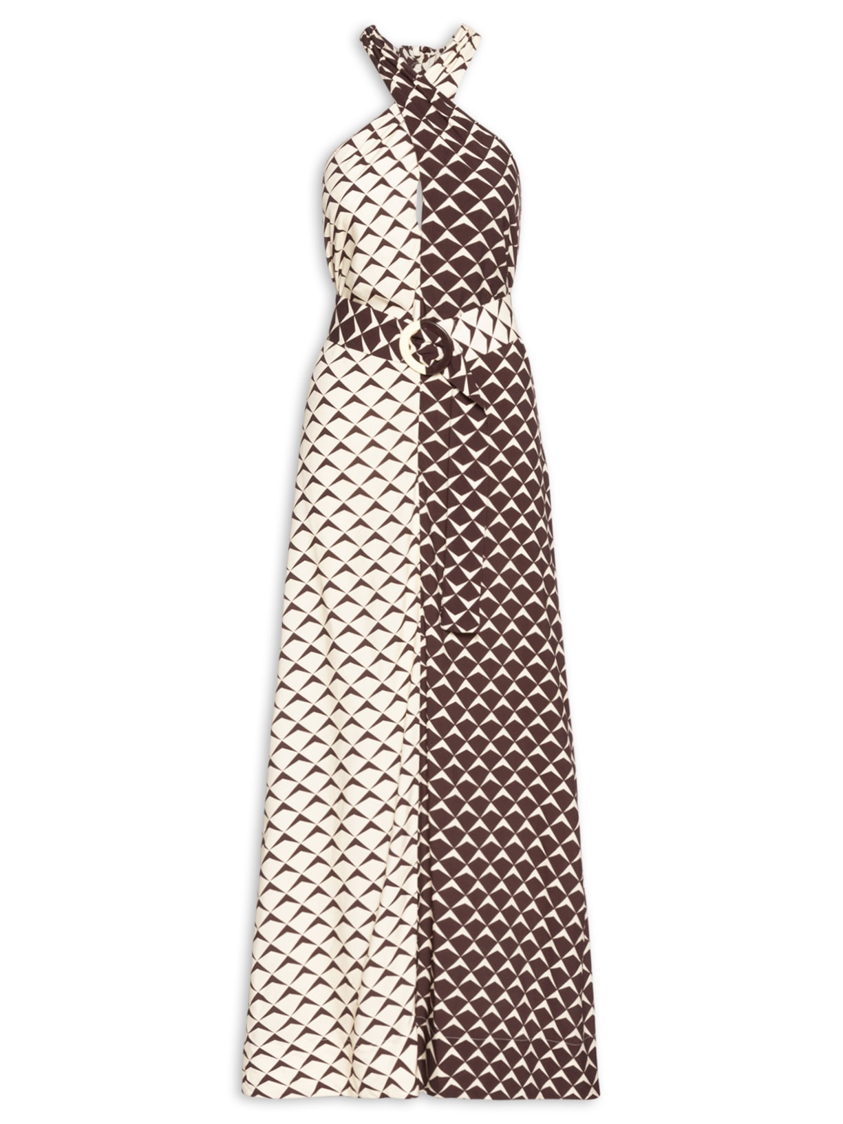 Vestido Longo Cinto Estampa Asa Delta - Marrom