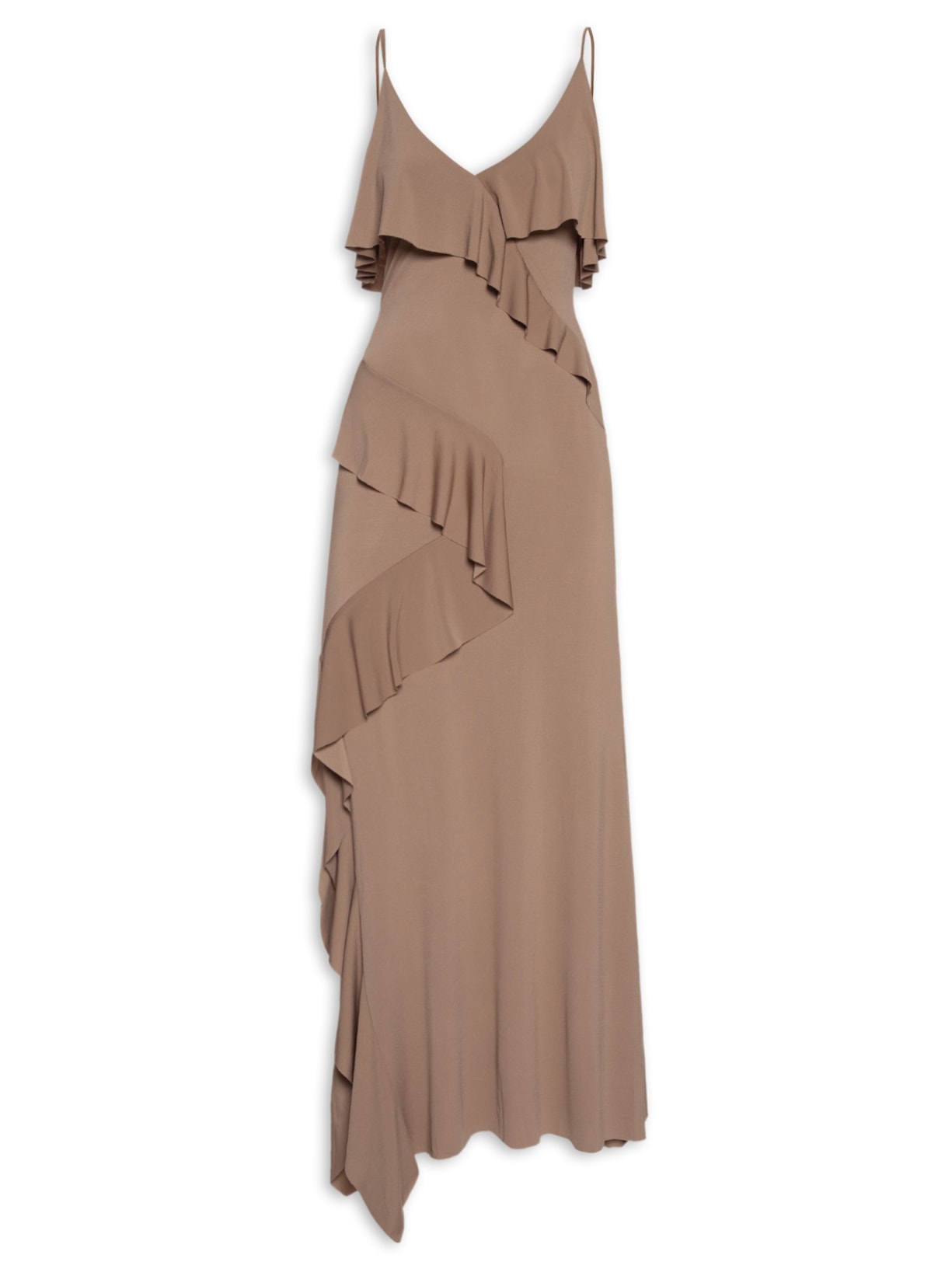 Vestido Longo Com Babados - Marrom