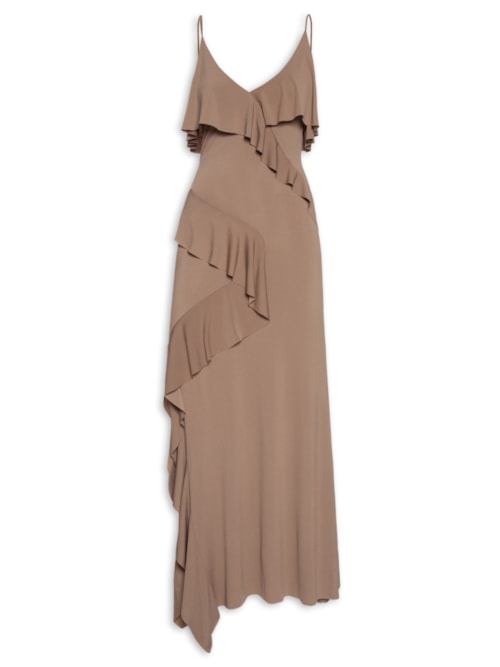 Vestido Longo Com Babados - Marrom