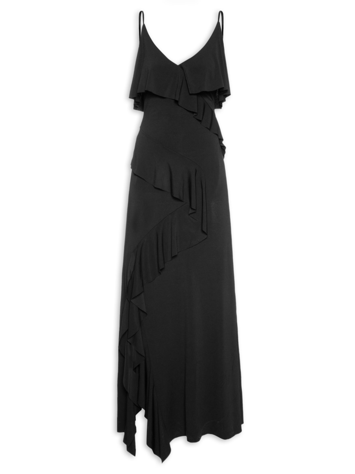 Vestido Longo Com Babados - Preto