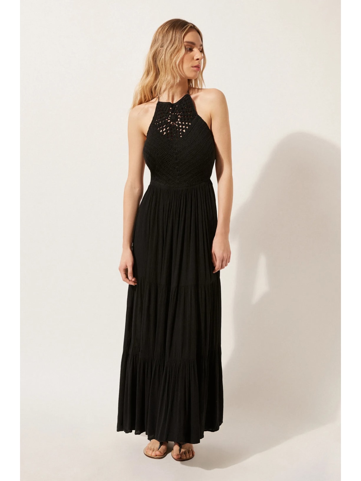 Vestido Longo Com Crochê Preto Calzedonia