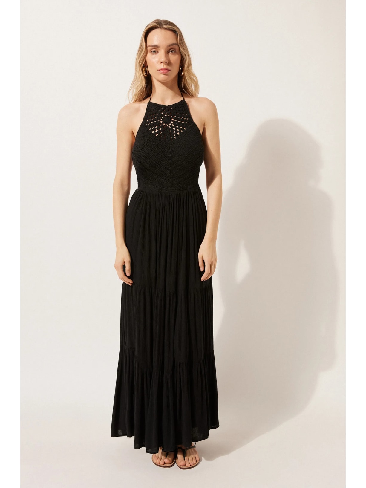 Vestido Longo Com Crochê Preto Calzedonia