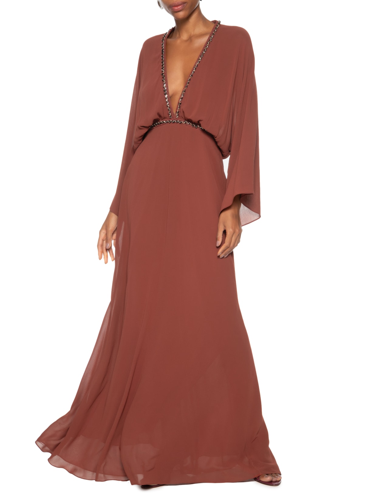 Vestido Longo Com Decote Profundo Com Pé Marrom Animale