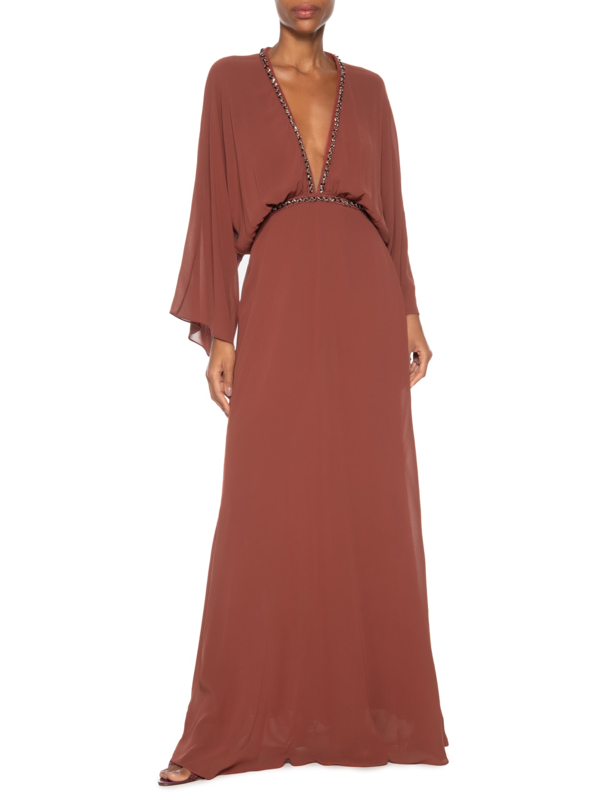 Vestido Longo Com Decote Profundo Com Pé Marrom Animale