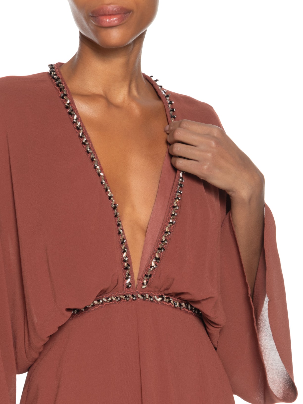 Vestido Longo Com Decote Profundo Com Pé Marrom Animale