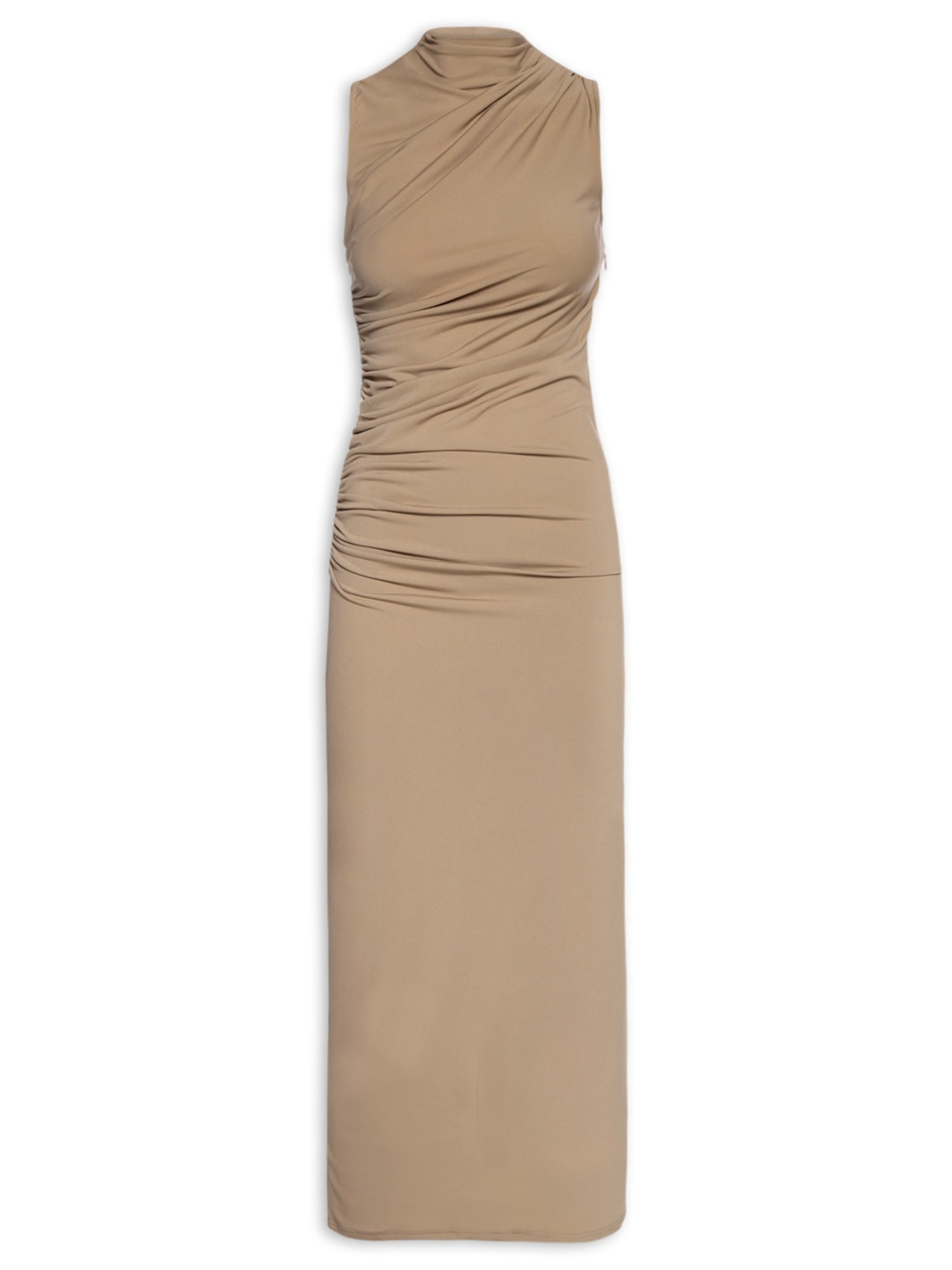 Vestido Longo Com Drapeado Lateral - Bege