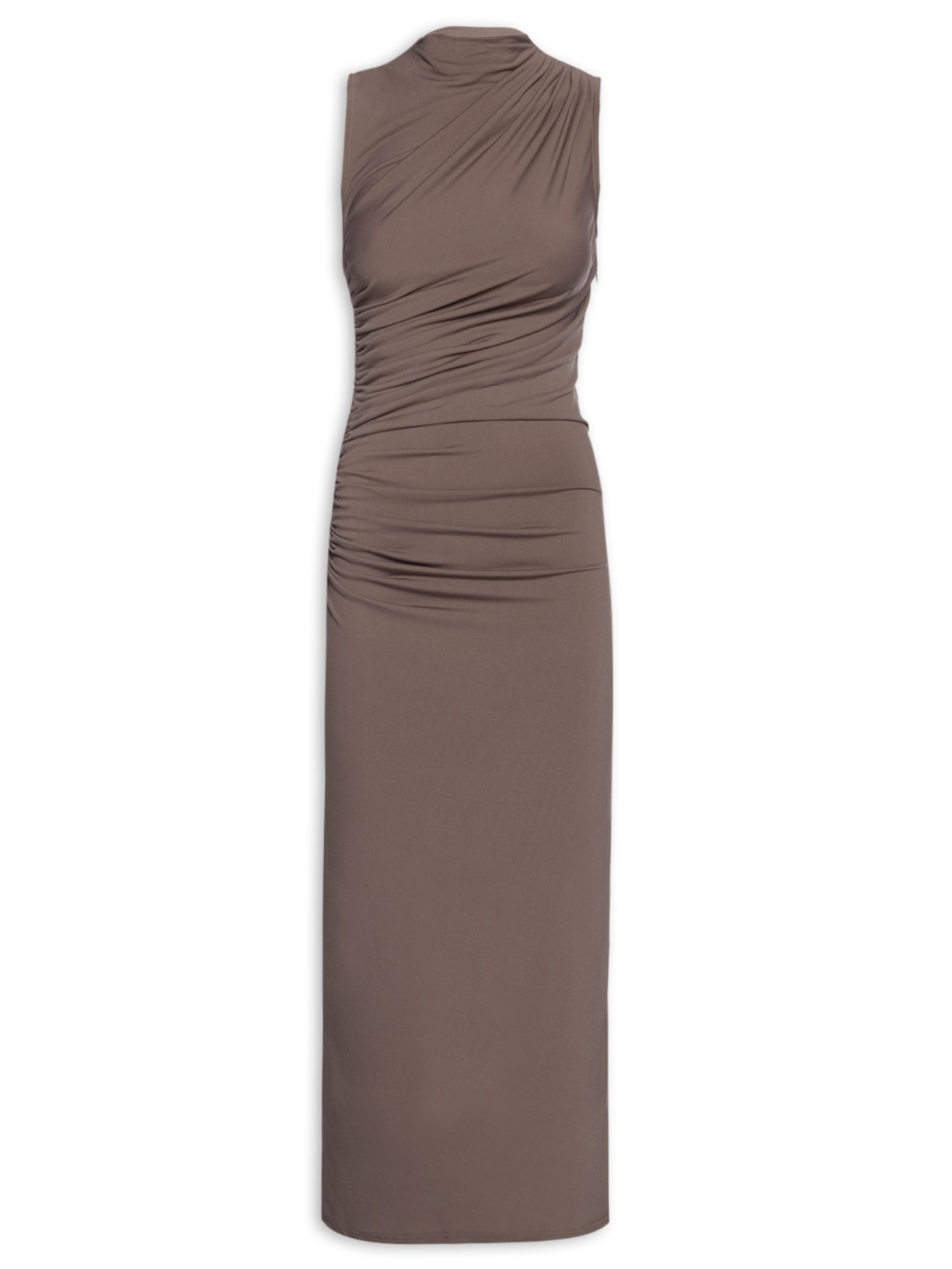 Vestido Longo Com Drapeado Lateral - Marrom