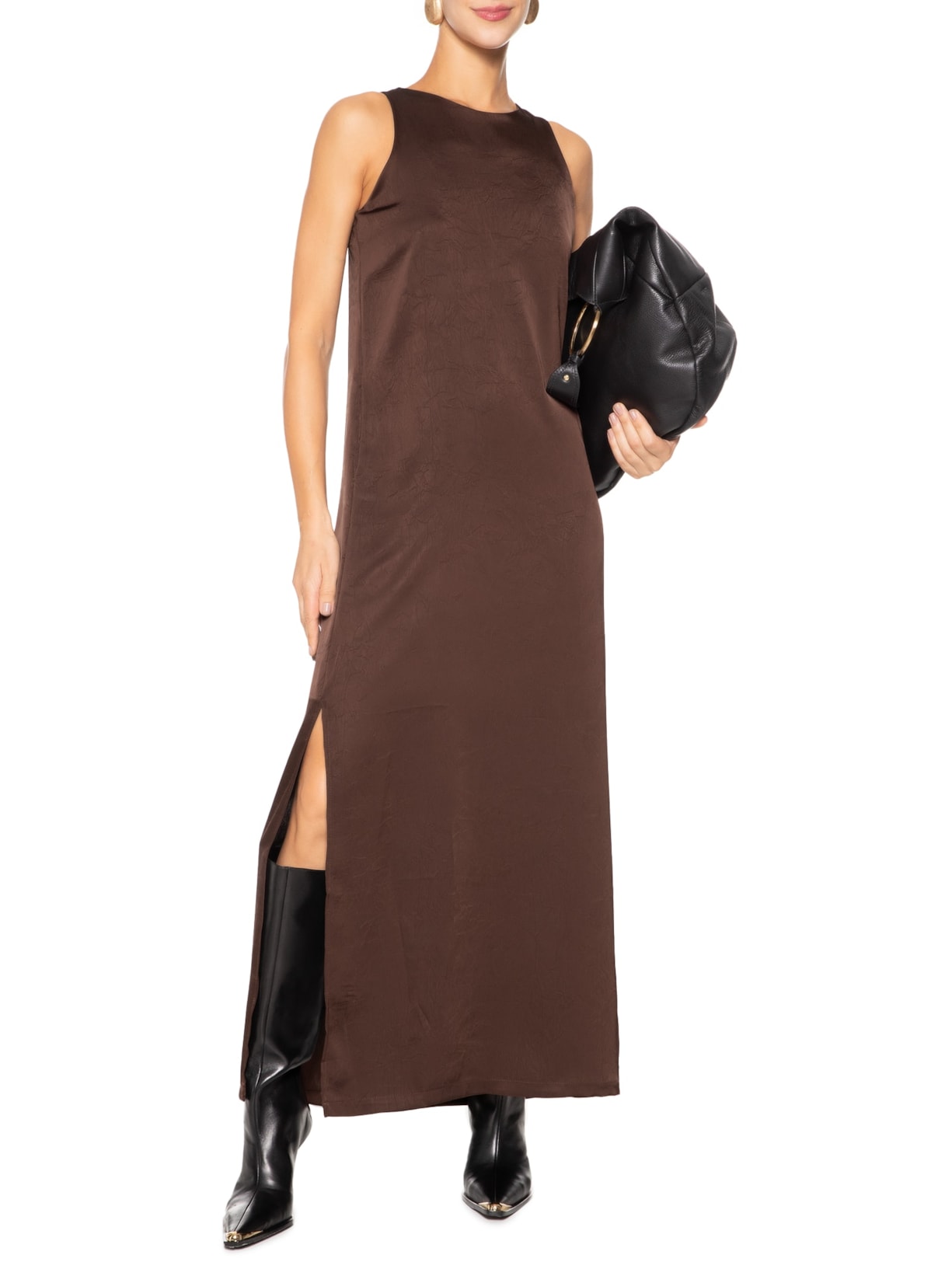 Vestido Longo Com Fenda Lateral Marrom  '2Essential