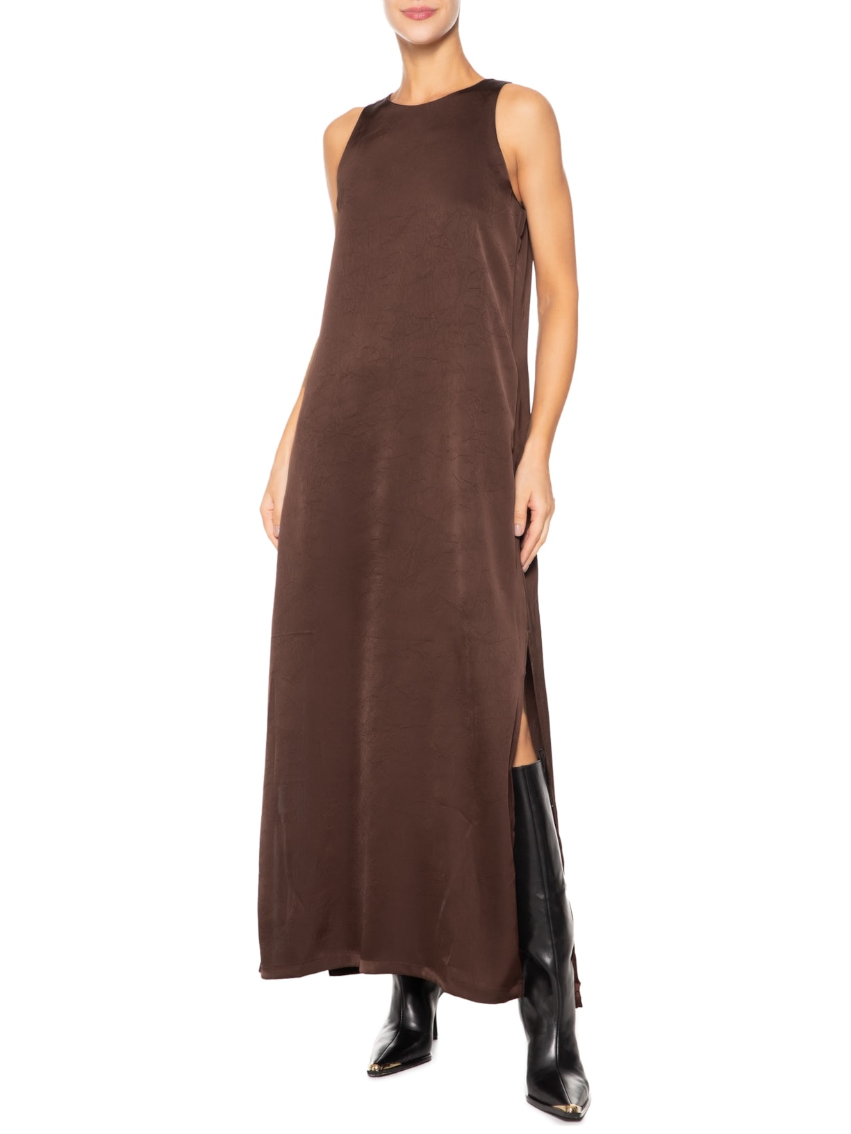 Vestido Longo Com Fenda Lateral Marrom  '2Essential