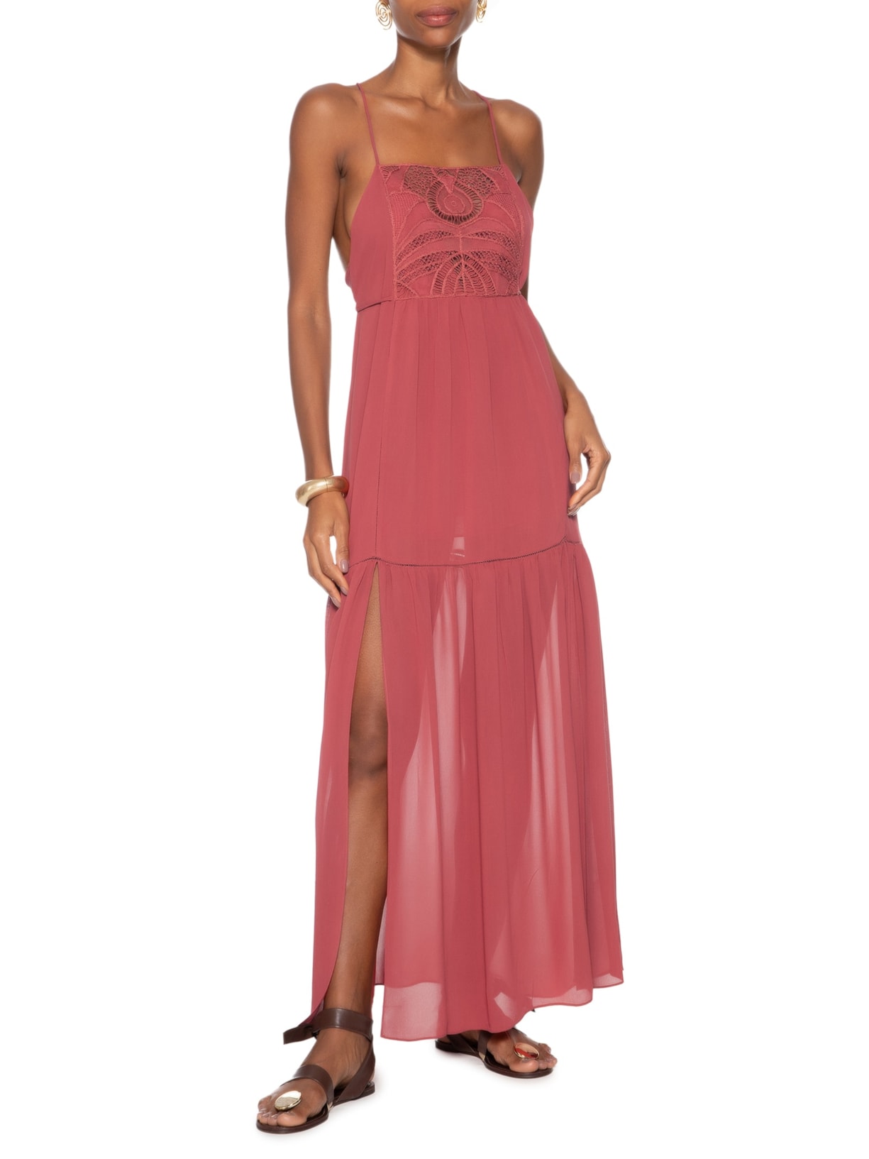 Vestido Longo Com Pala De Renda Vermelho Animale