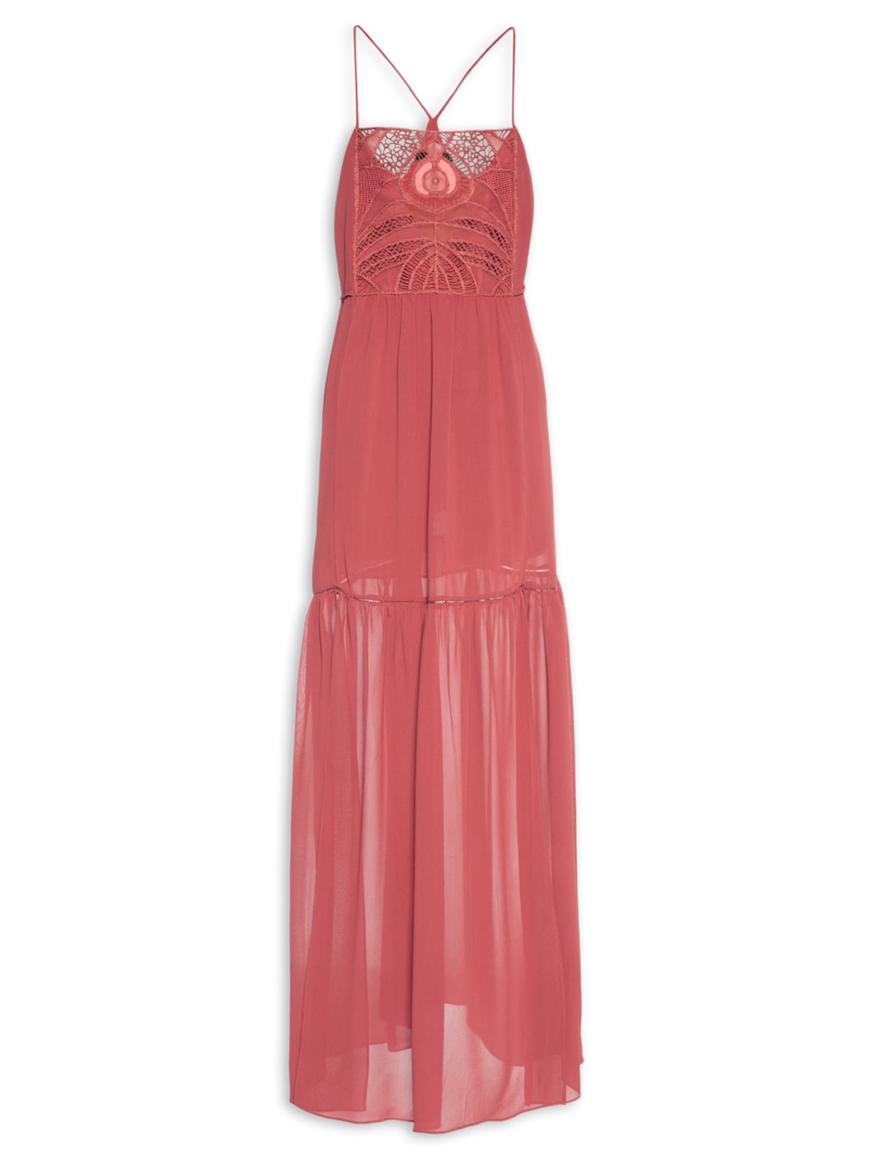 Vestido Longo Com Pala De Renda - Vermelho