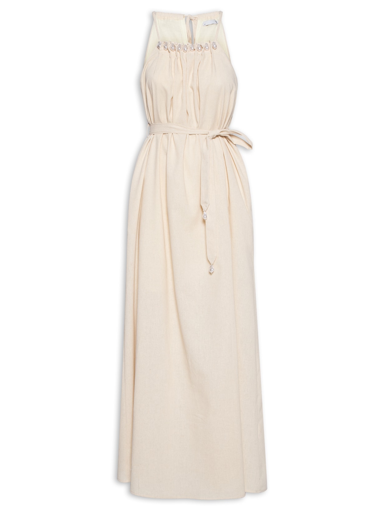 Vestido Longo Com Pérolas - Bege