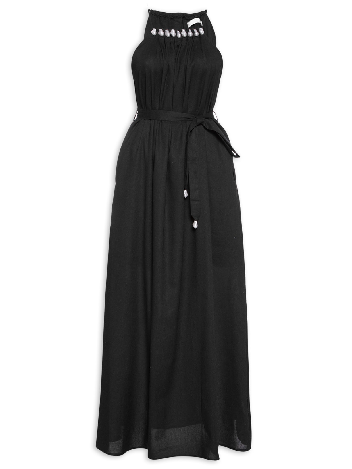 Vestido Longo Com Pérolas - Preto