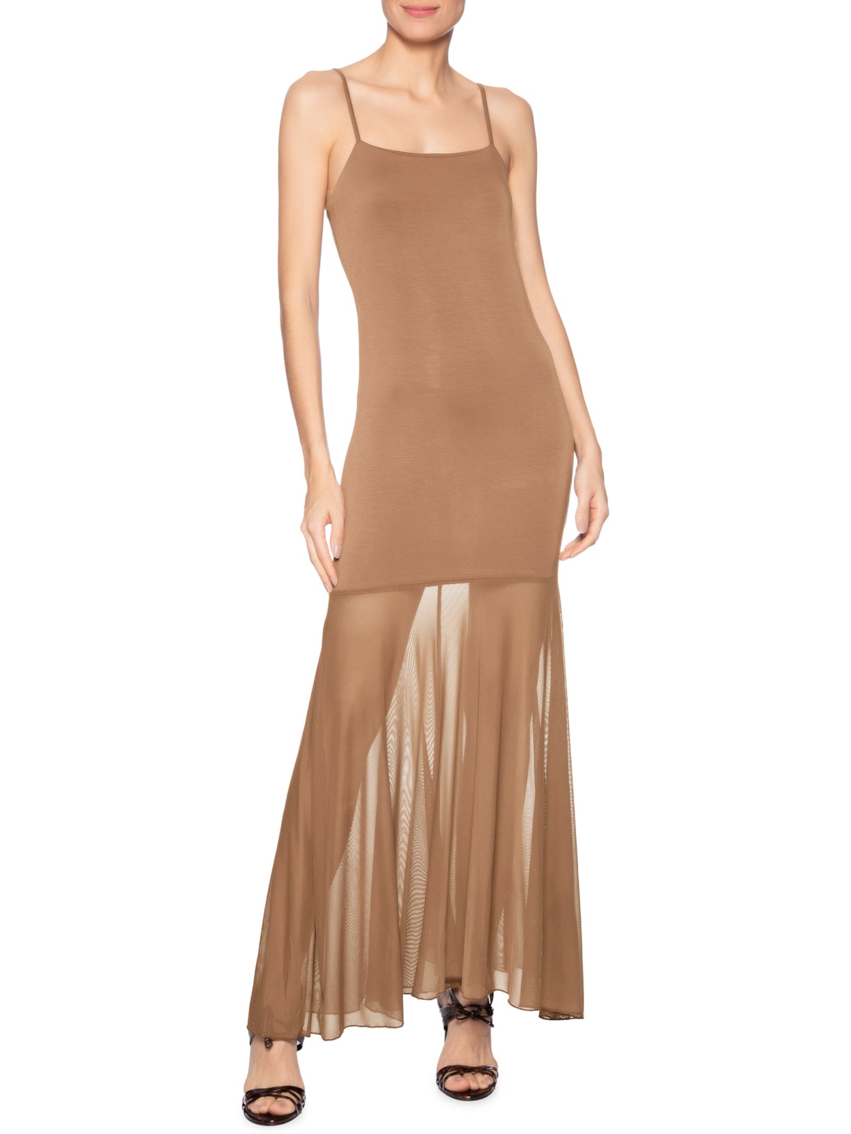 Vestido Longo com Transparência Marrom Market 33