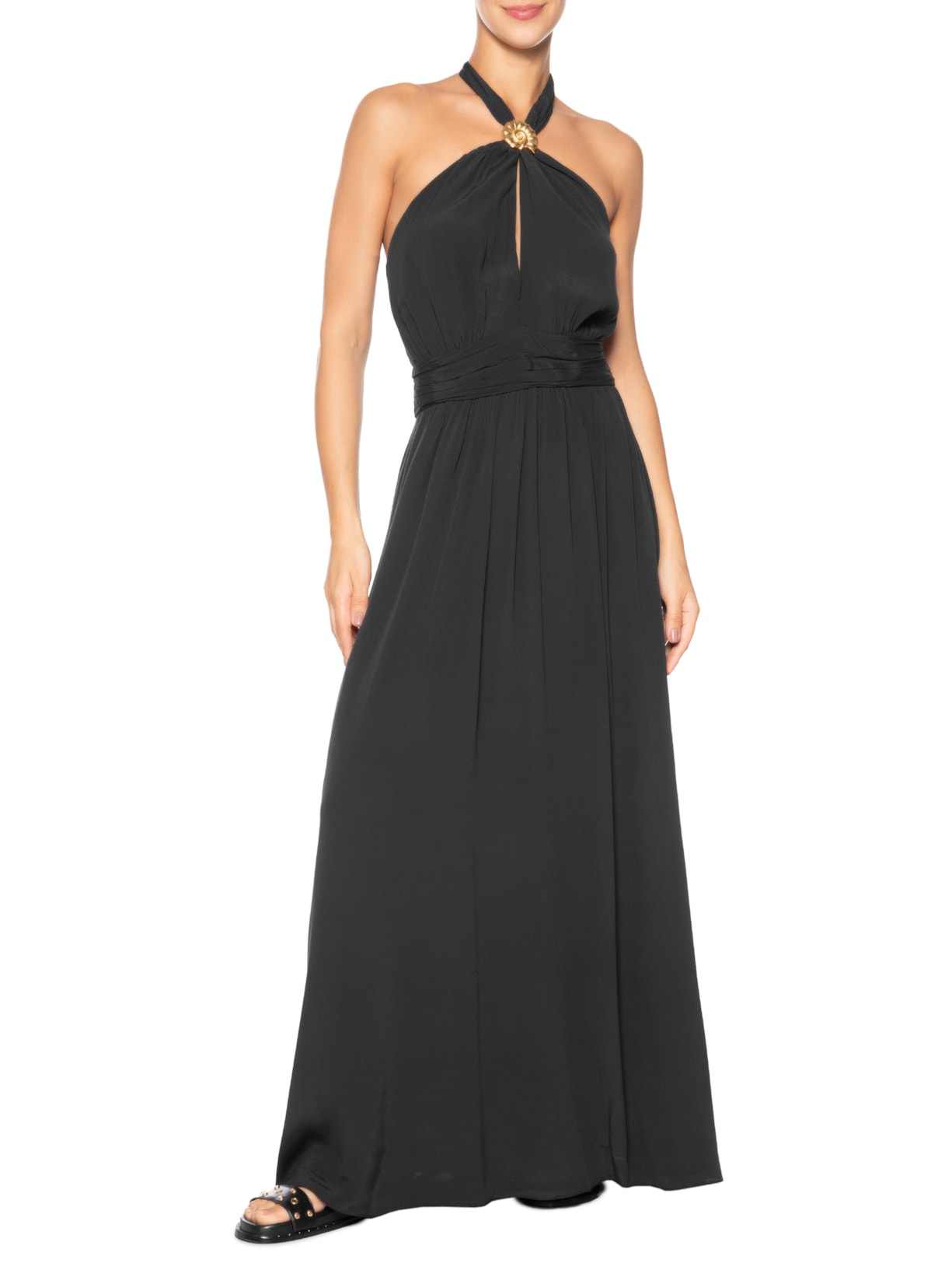 Vestido Longo Crepe Detalhe Concha Preto Dress To