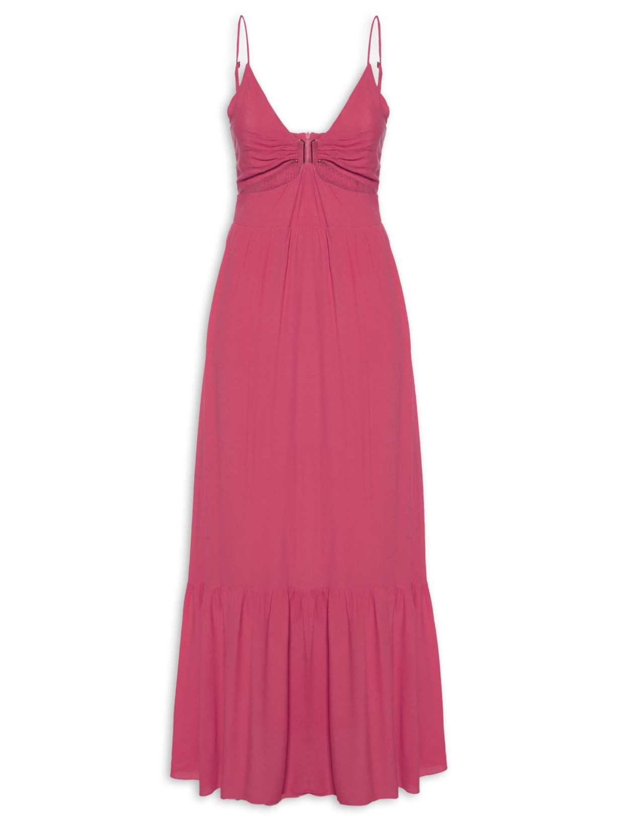 Vestido Longo Crepe Detalhe Metal Decote - Rosa
