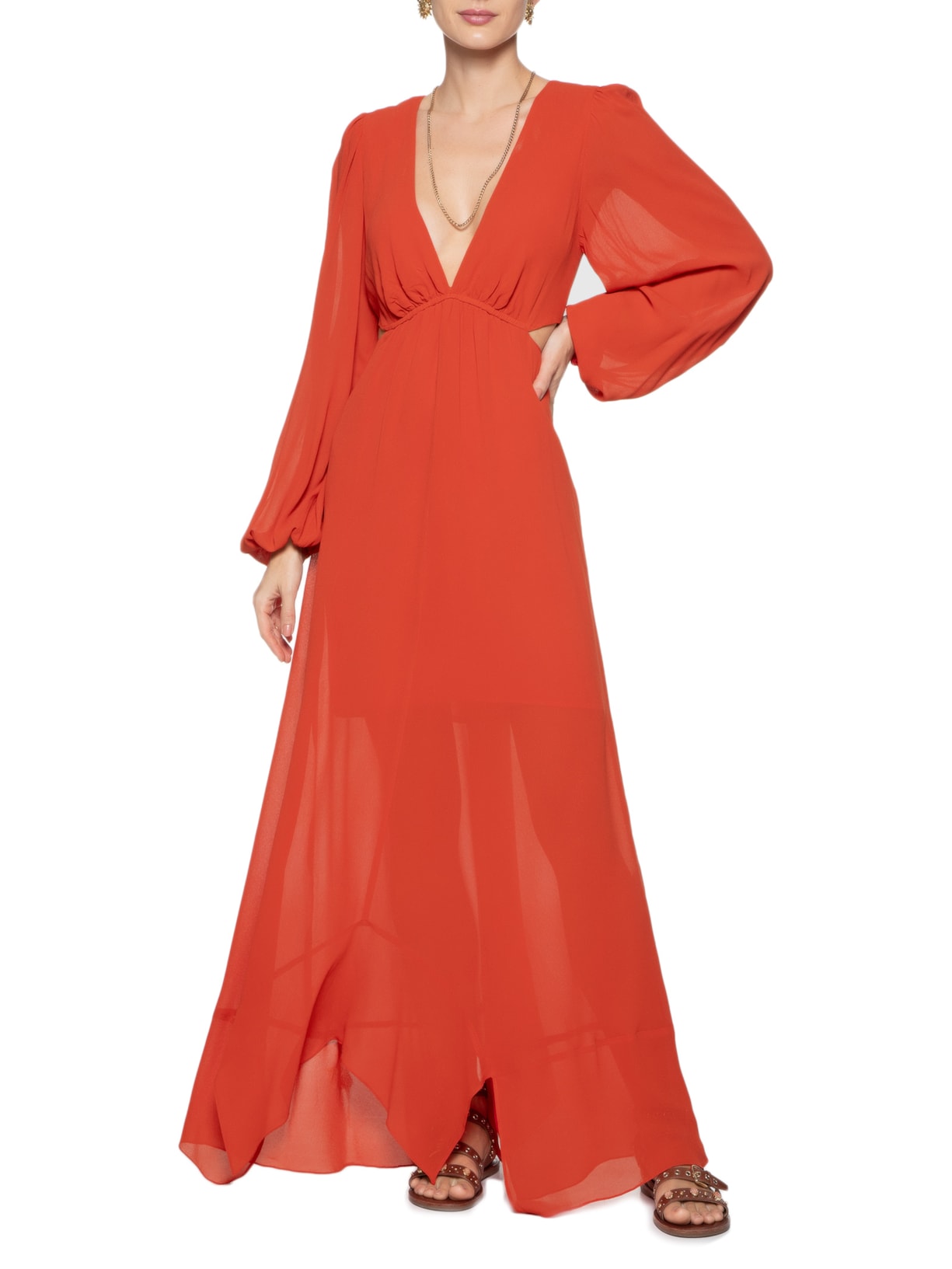 Vestido Longo Crepe Vazado Laterais Maria Filó Vermelho