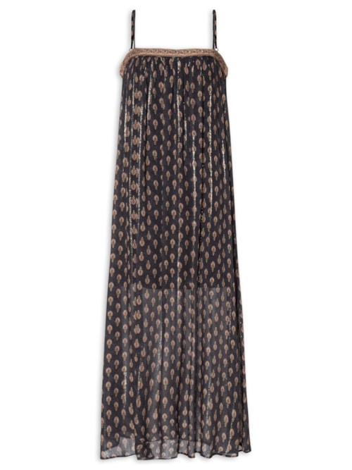 Vestido Longo de Alça Estampa Jasmim - Preto