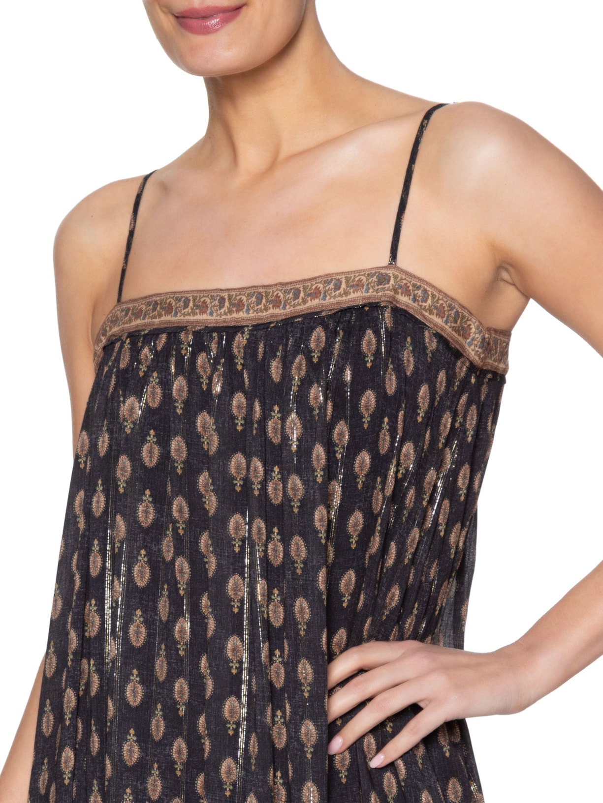 Vestido Longo de Alça Estampa Jasmim Preto Maria Filó