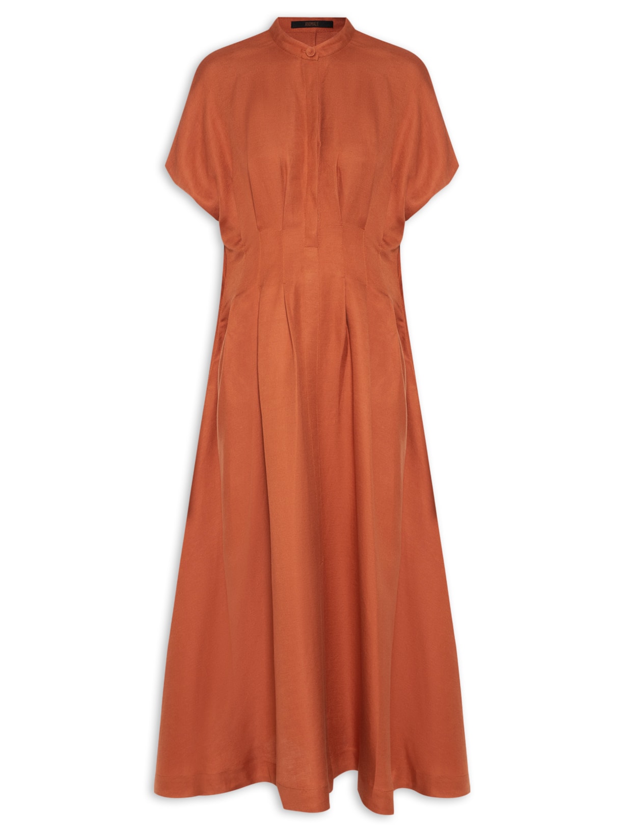 Vestido Longo De Linho Cintura Pregas - Marrom