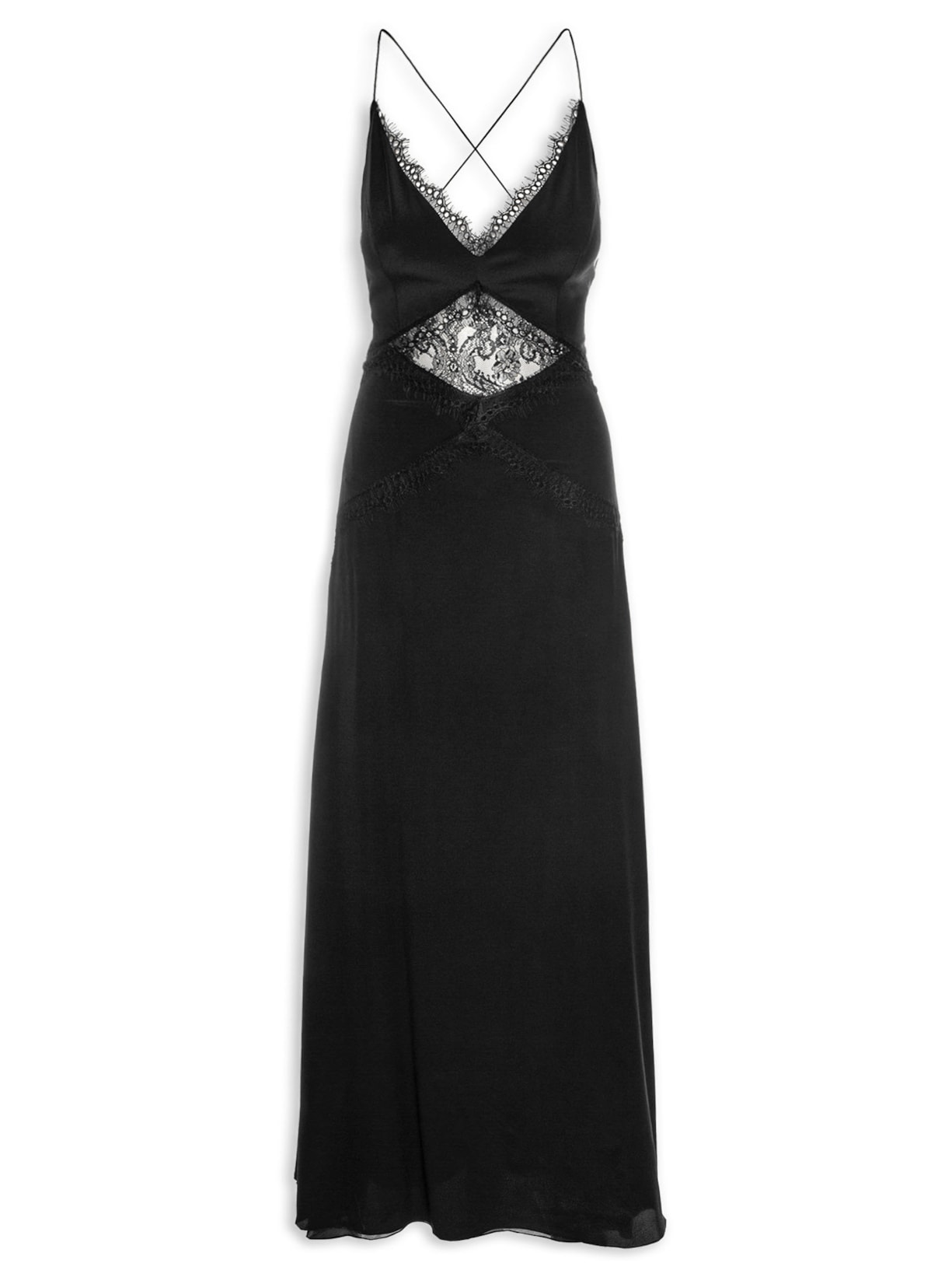 Vestido Longo De Seda Com Renda - Preto