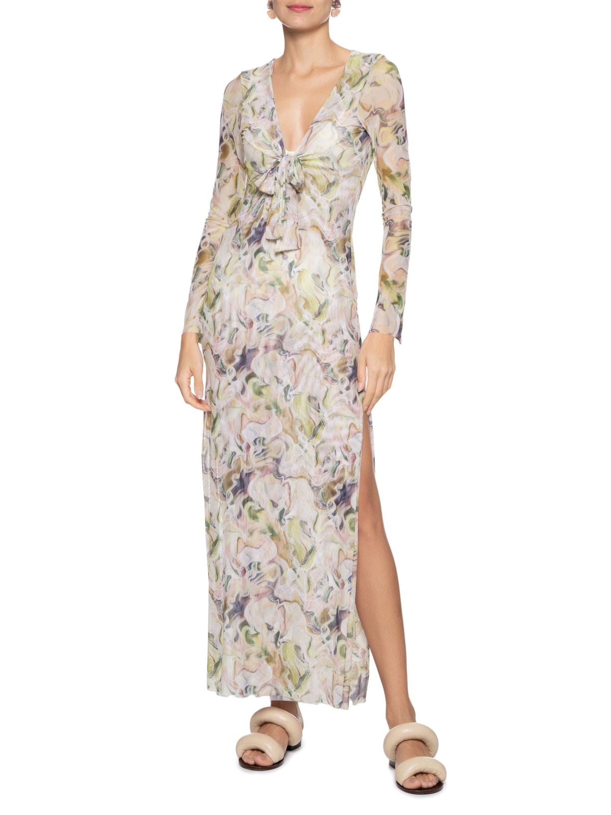 Vestido Longo De Tule Aquarela Lina Off White August Swim