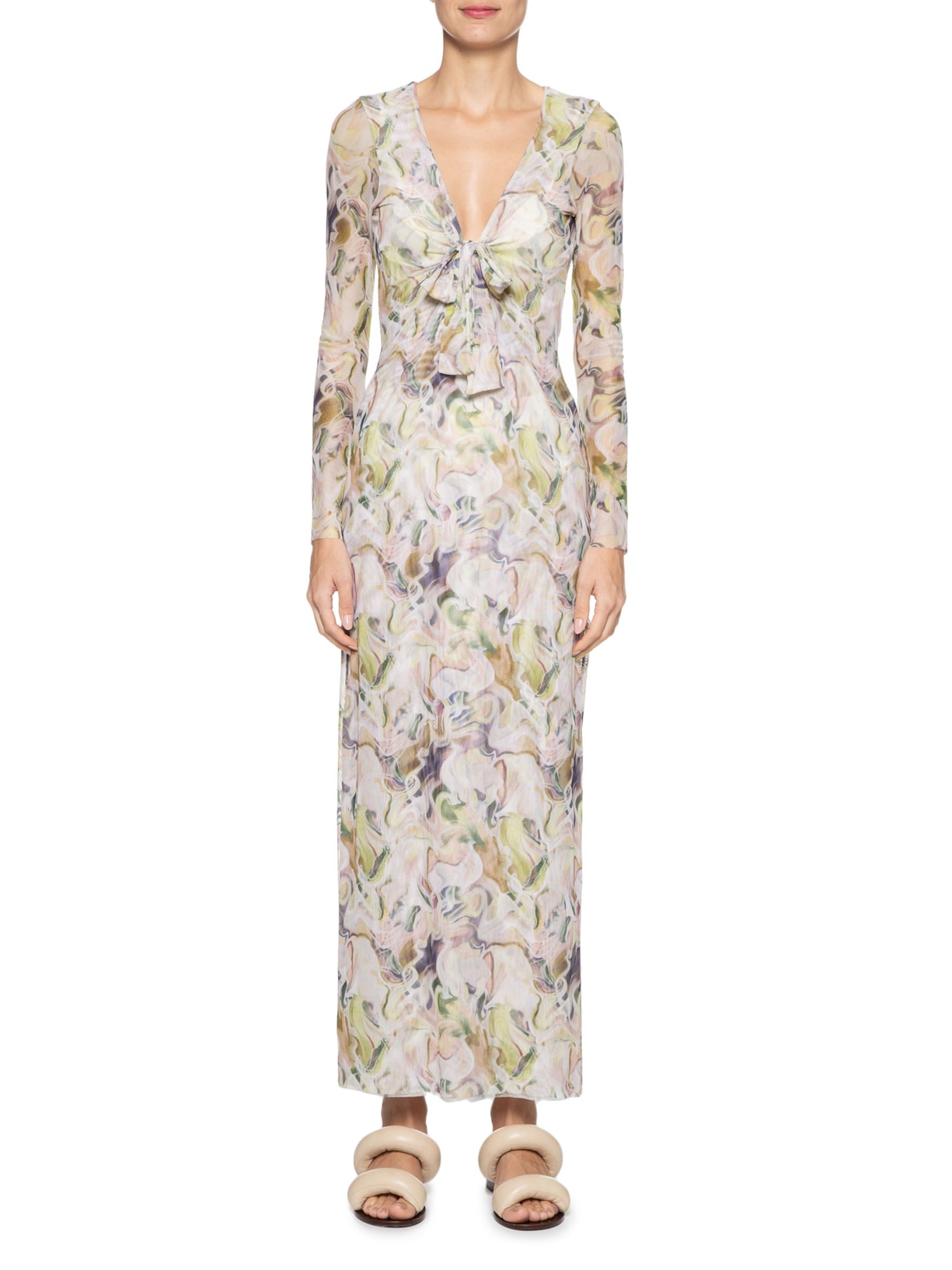 Vestido Longo De Tule Aquarela Lina Off White August Swim