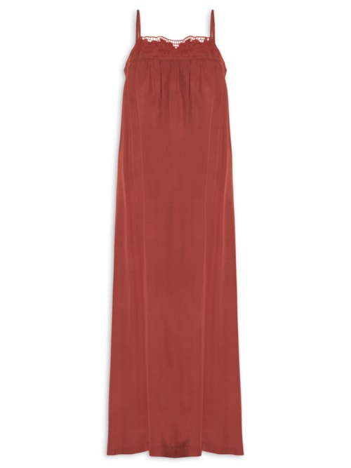 Vestido Longo Decote Bordado - Vermelho