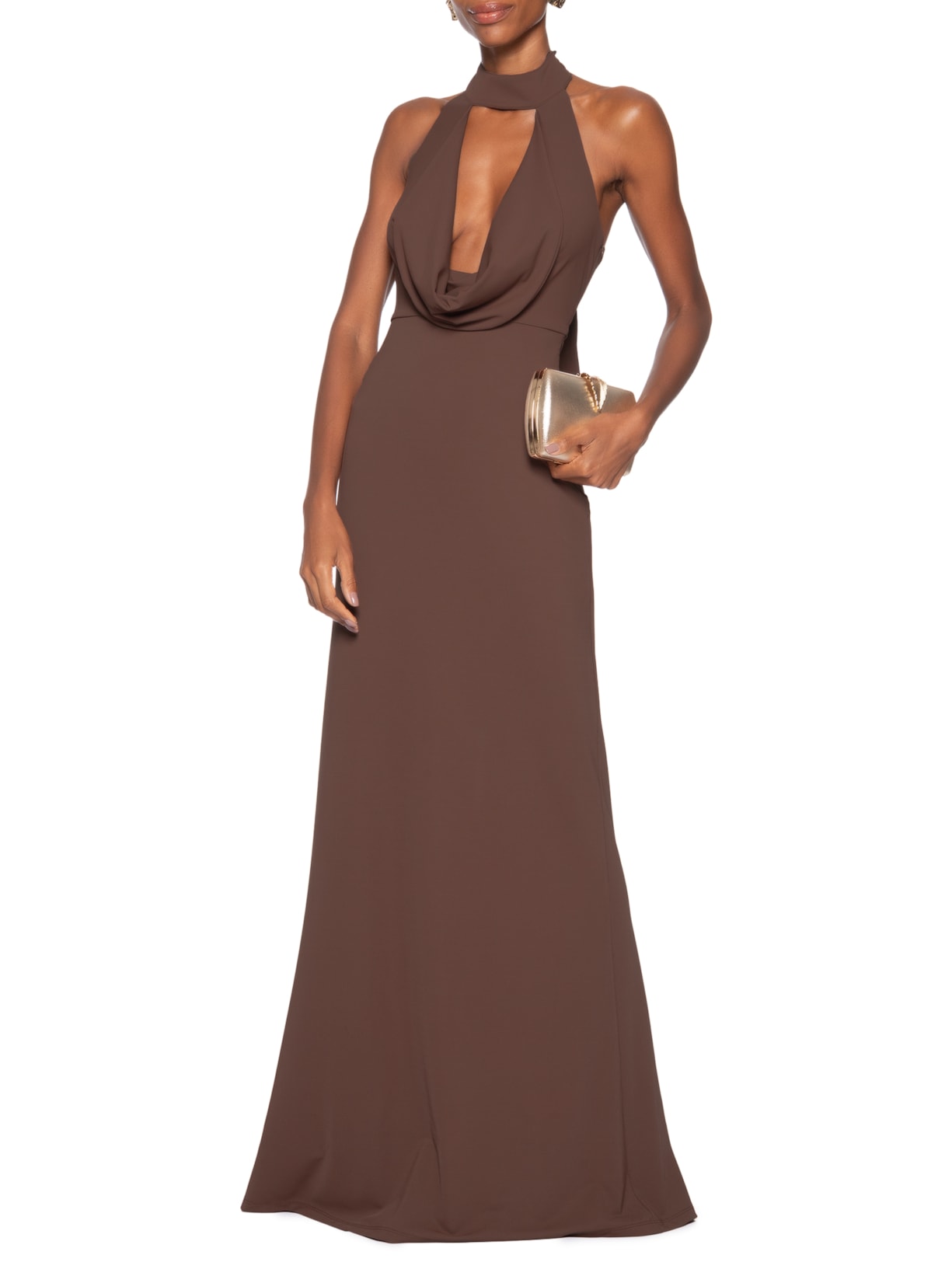 Vestido Longo Decote Degagê Em Malha Marrom '2Essential