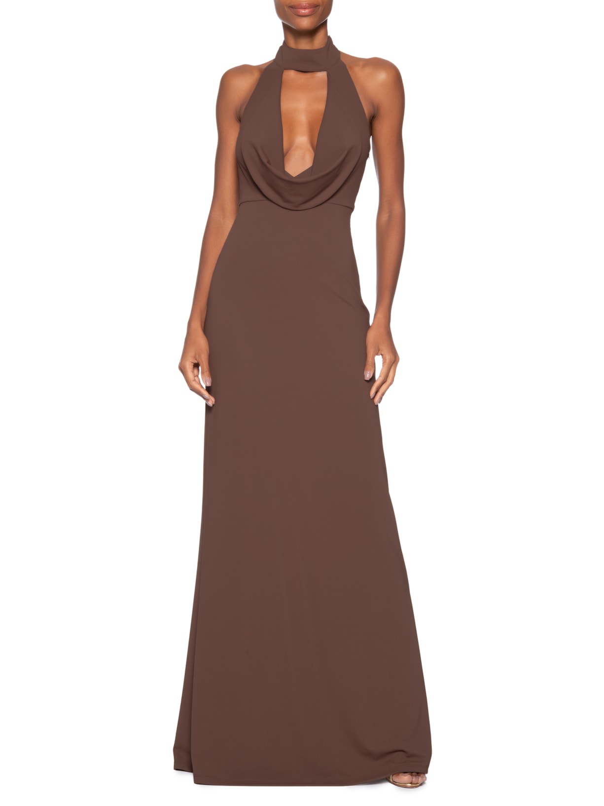 Vestido Longo Decote Degagê Em Malha Marrom '2Essential