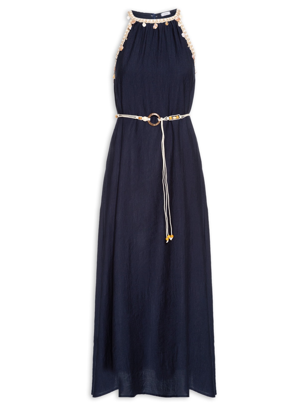 Vestido Longo Decote Reto Com Detalhe - Azul