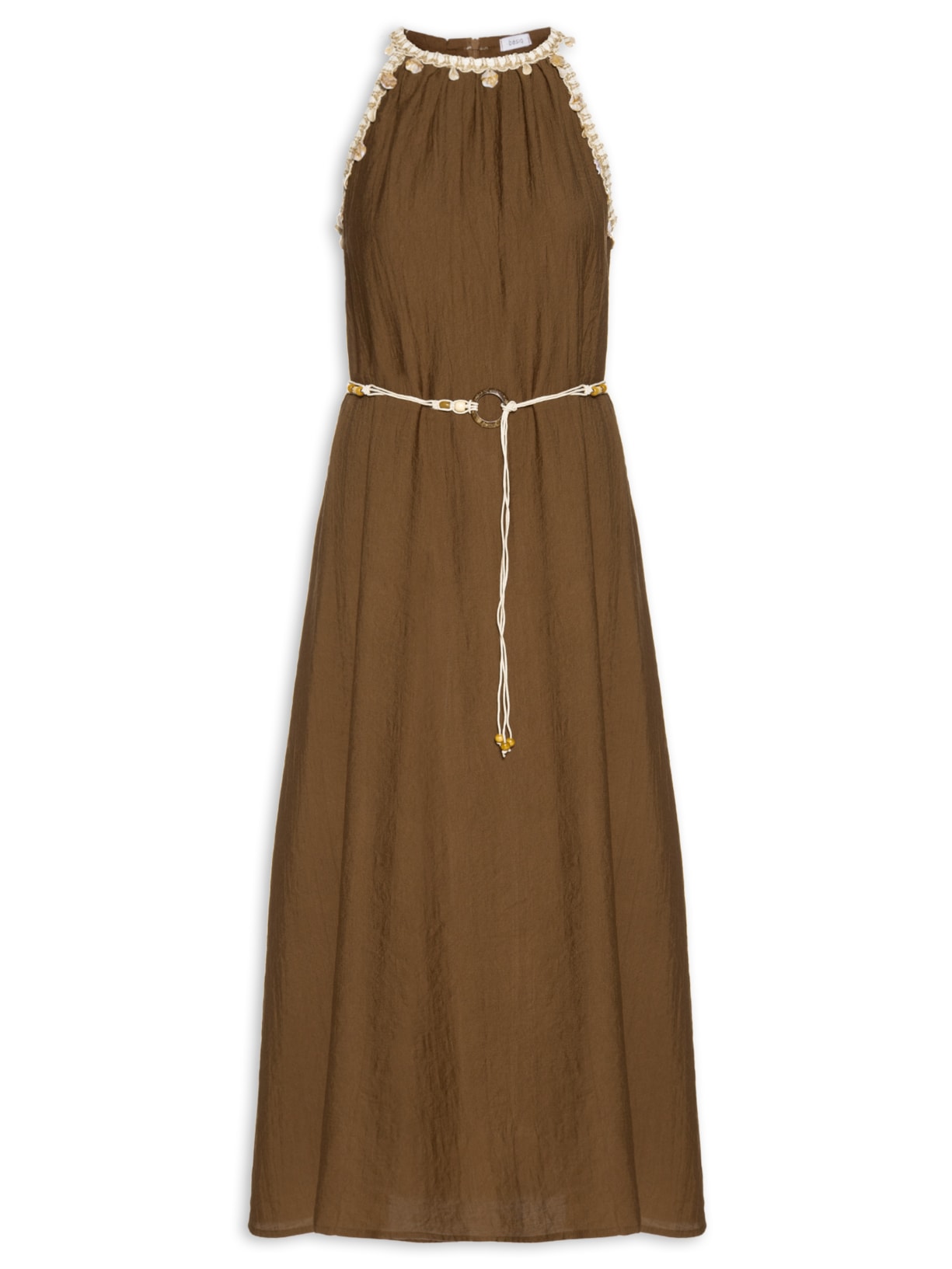 Vestido Longo Decote Reto Com Detalhe - Marrom