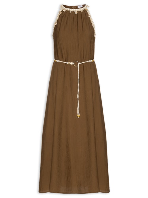 Vestido Longo Decote Reto Com Detalhe - Marrom