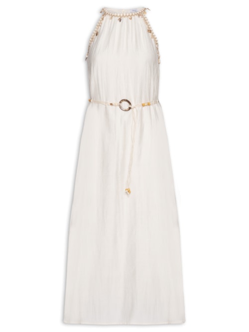 Vestido Longo Decote Reto Com Detalhe - Off White