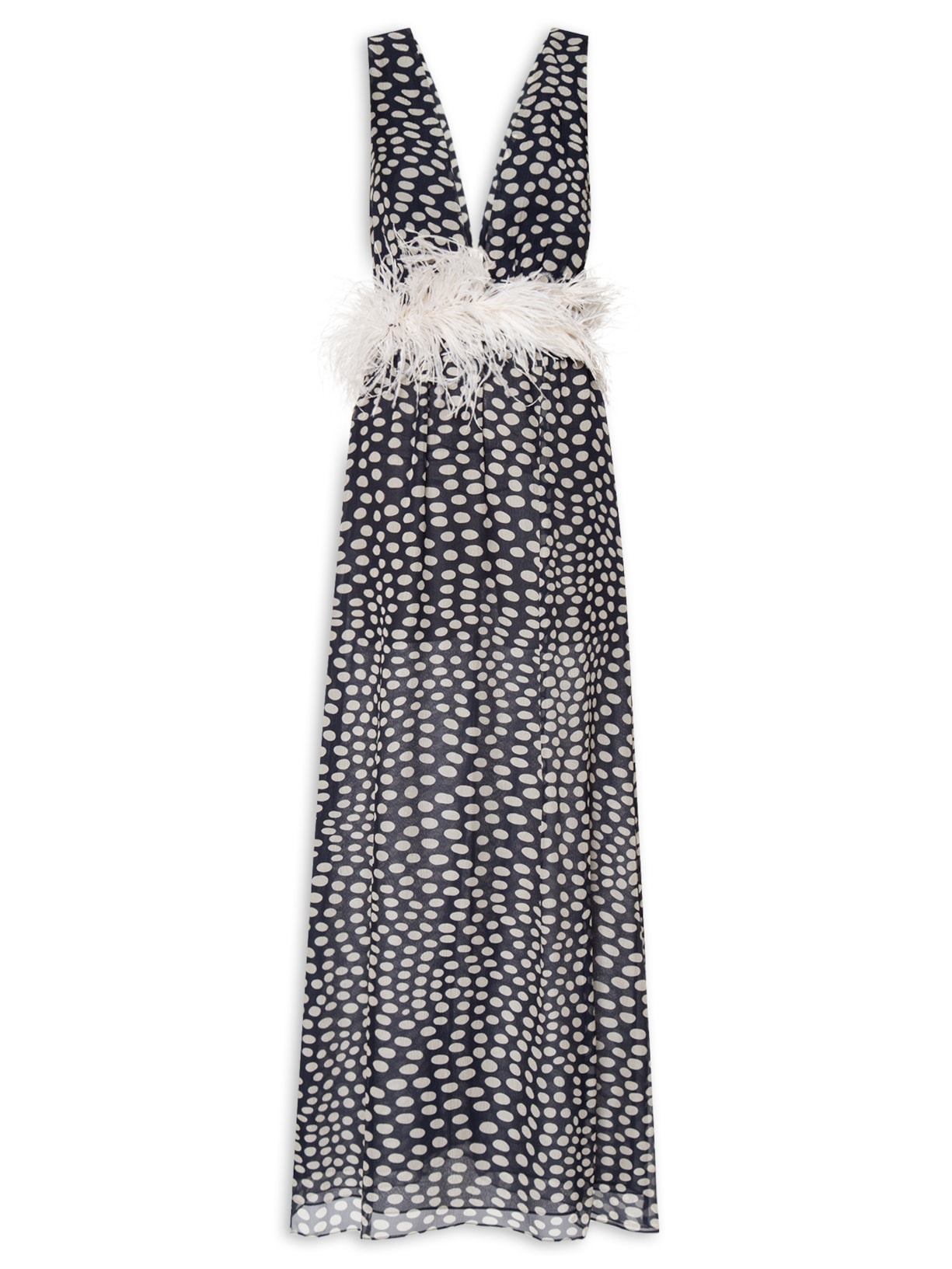 Vestido Longo Decote V Plumas - Azul