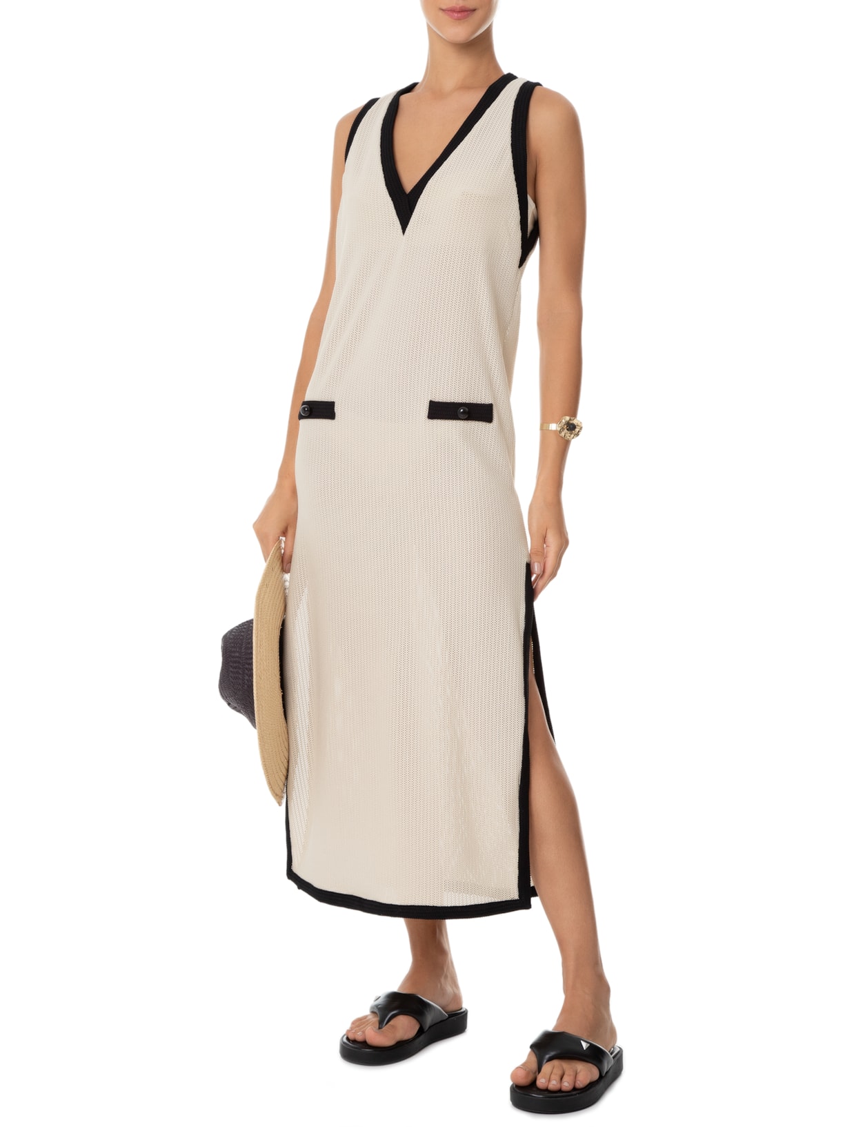 Vestido Longo Decote V Tricot Bege Adriana Degreas