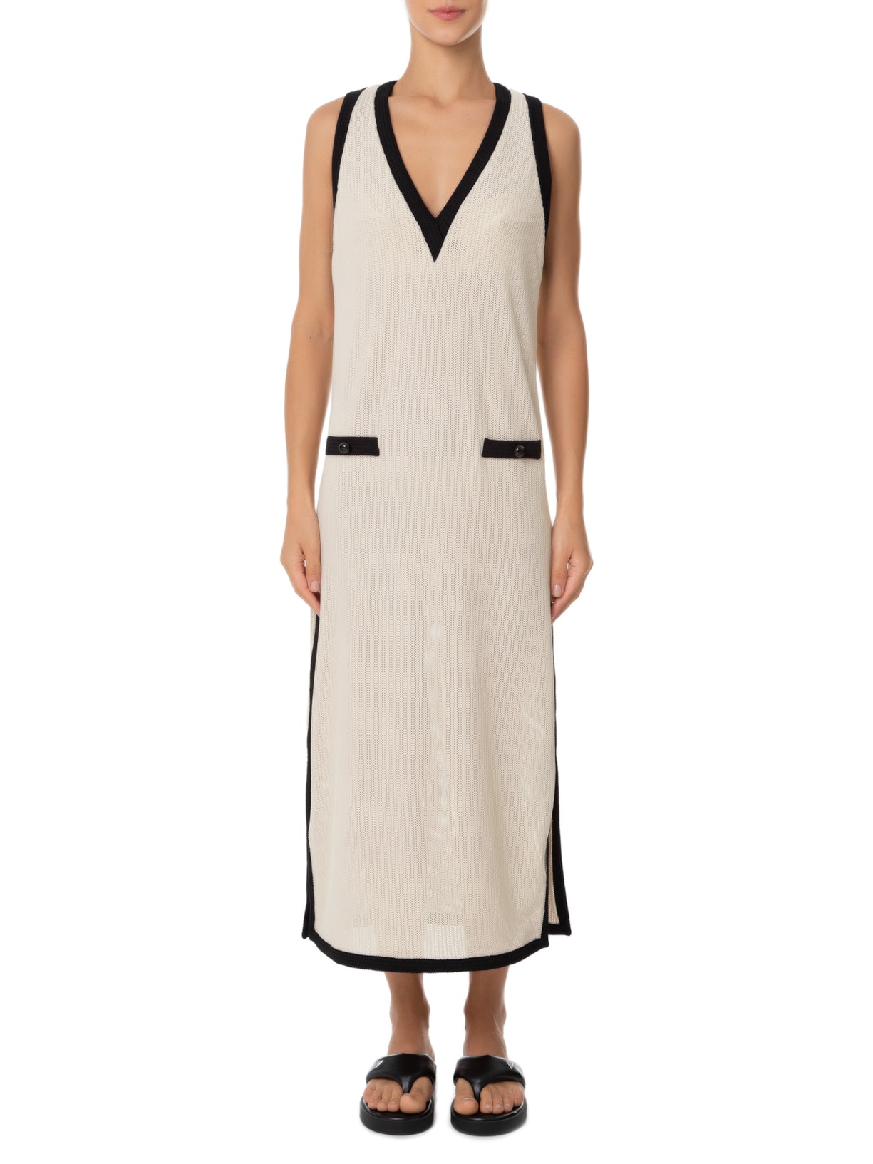 Vestido Longo Decote V Tricot Bege Adriana Degreas