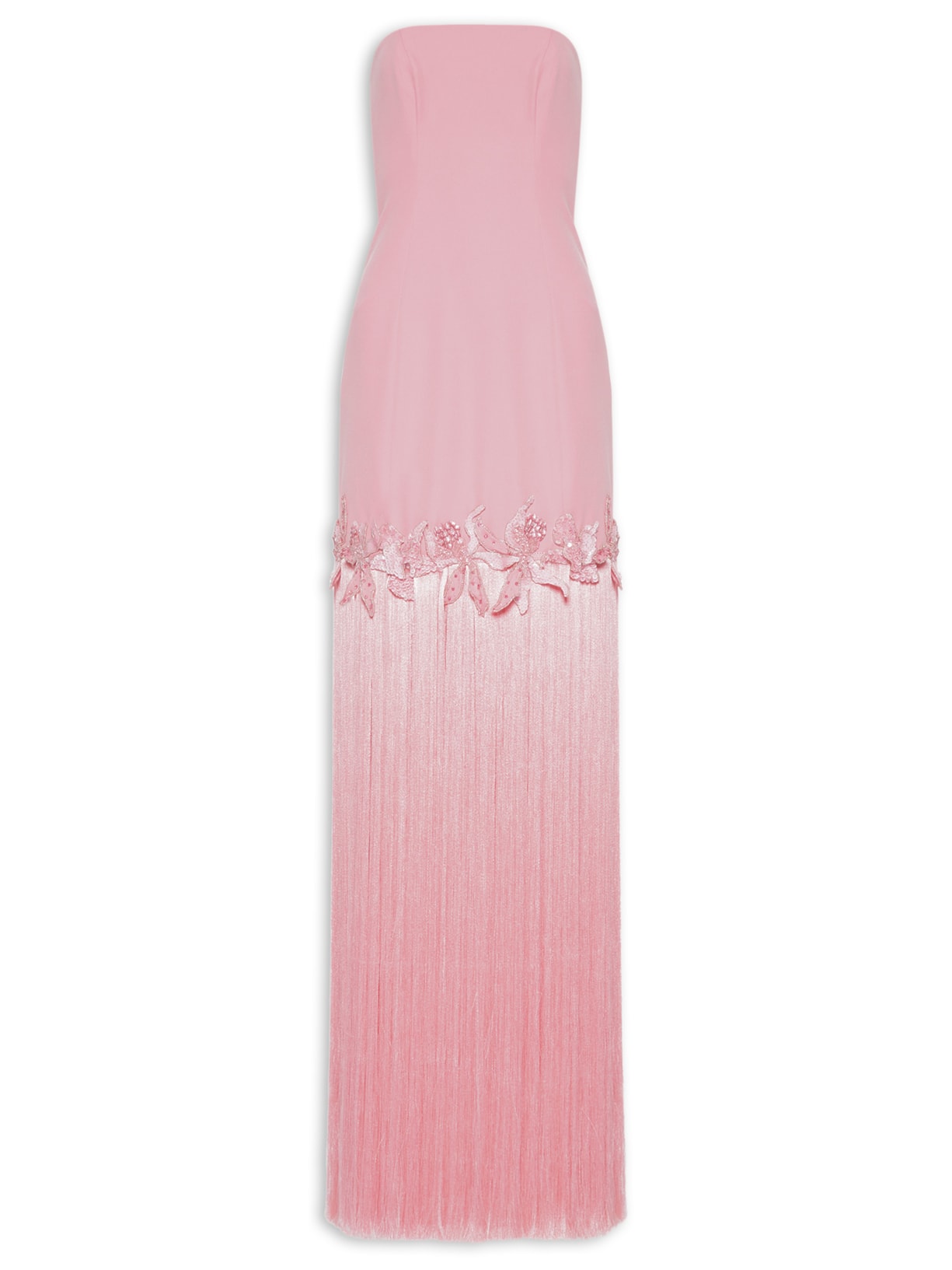 Vestido Longo em Crepe Com Franjas Rosa Pat Bo