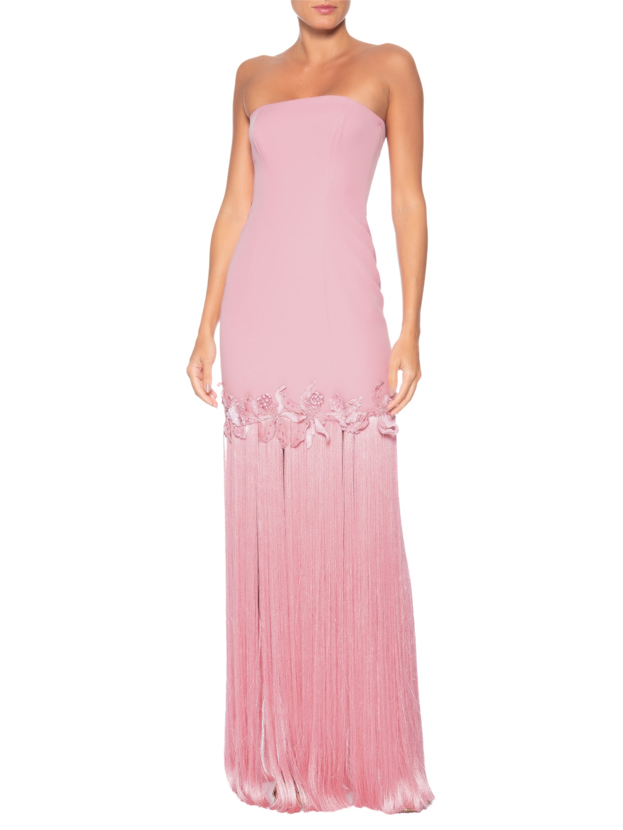 Vestido Longo em Crepe Com Franjas Rosa Pat Bo