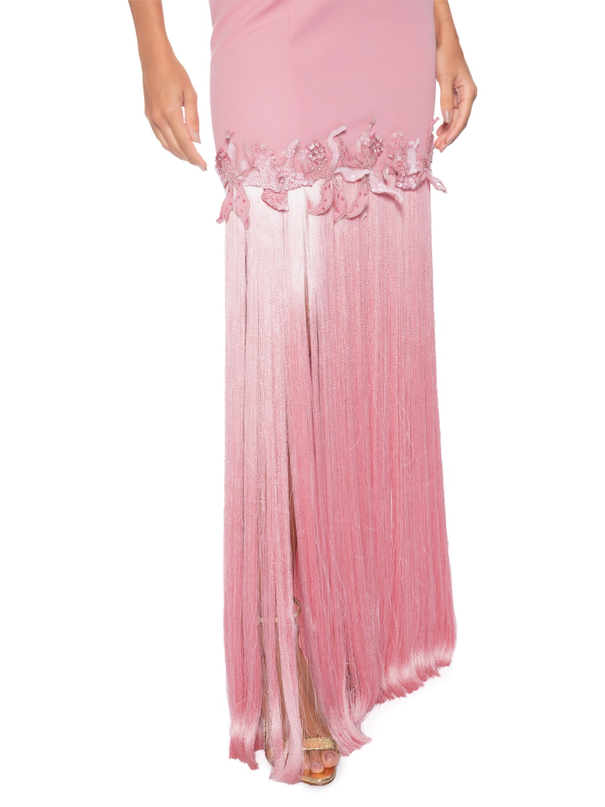 Vestido Longo em Crepe Com Franjas Rosa Pat Bo