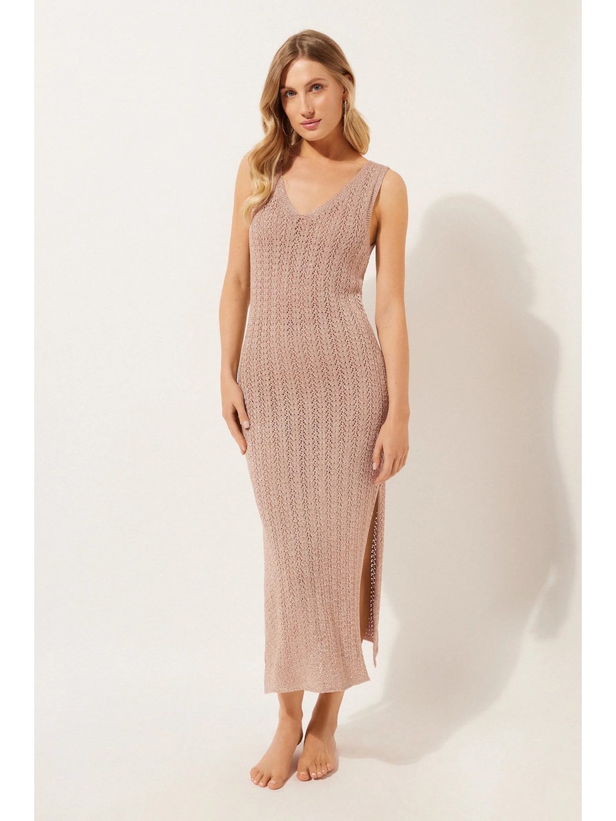 Vestido Longo Em Crochê Lamê Bege Calzedonia