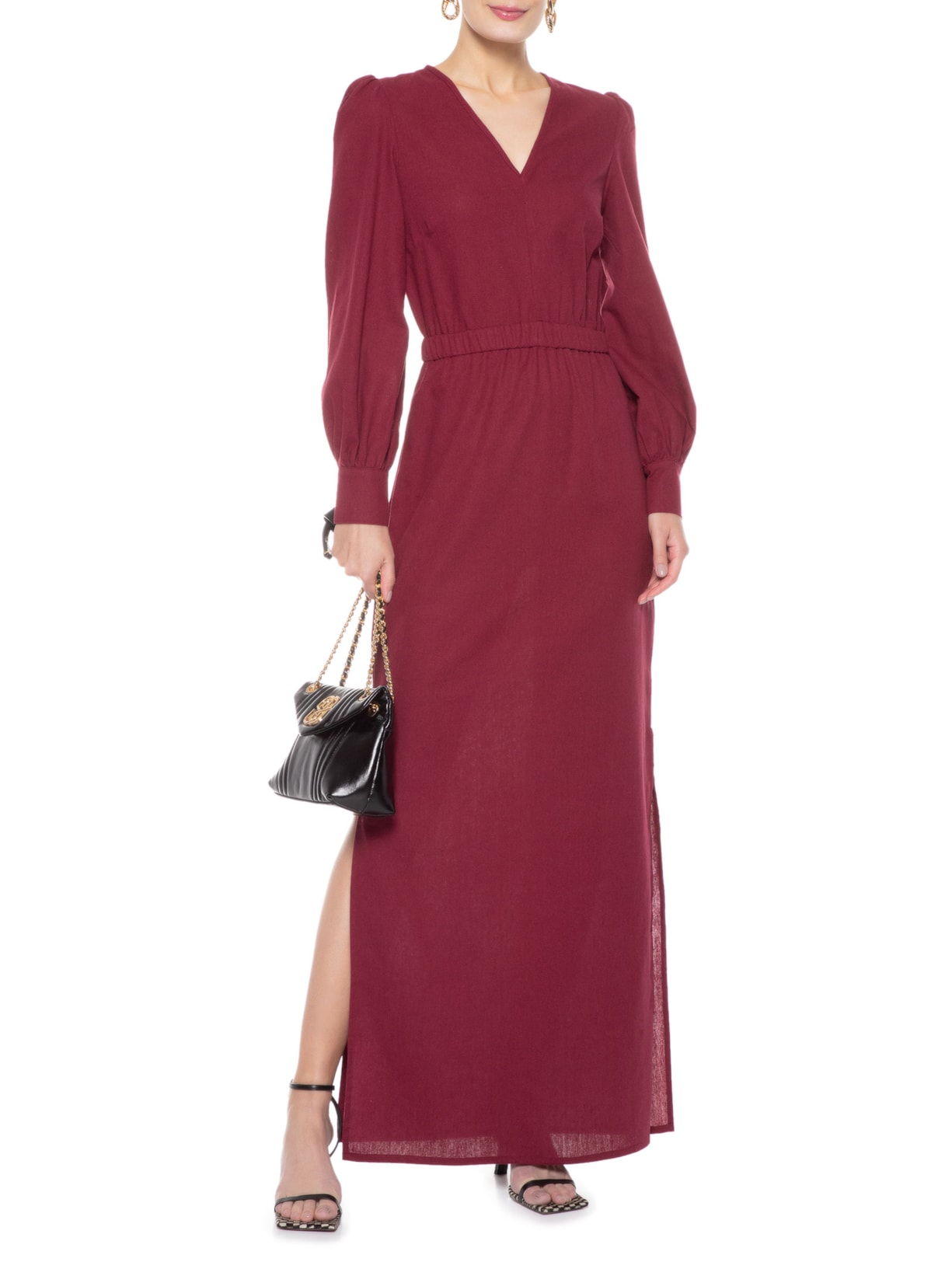 Vestido Longo Em Linho Misto Com Manga Longa Bufante '2essential