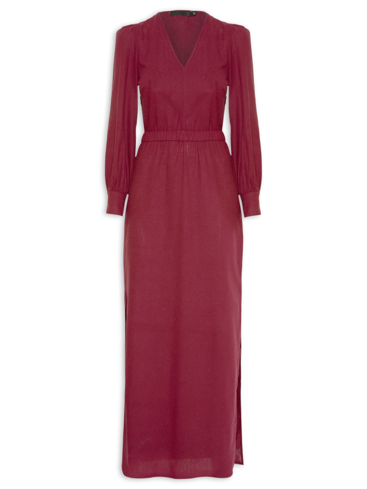 Vestido Longo Em Linho Misto Com Manga Longa Bufante - Vinho