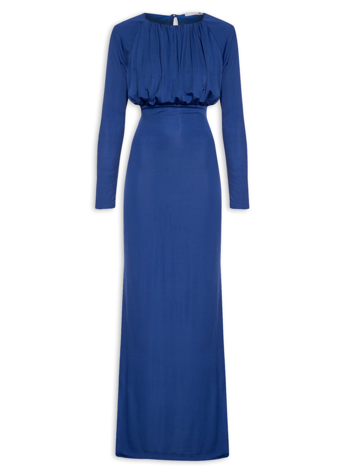 Vestido Longo Em Malha Com Franzidos - Azul