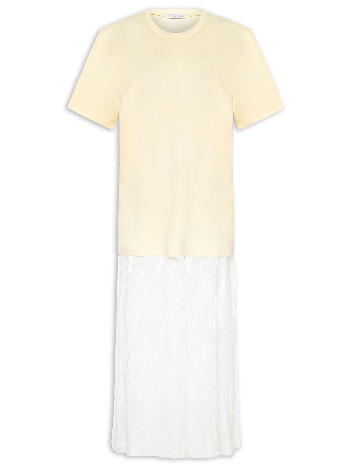 Vestido Longo Em Renda Com Camiseta Sobreposta - Bege