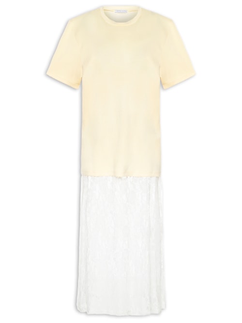 Vestido Longo Em Renda Com Camiseta Sobreposta - Bege