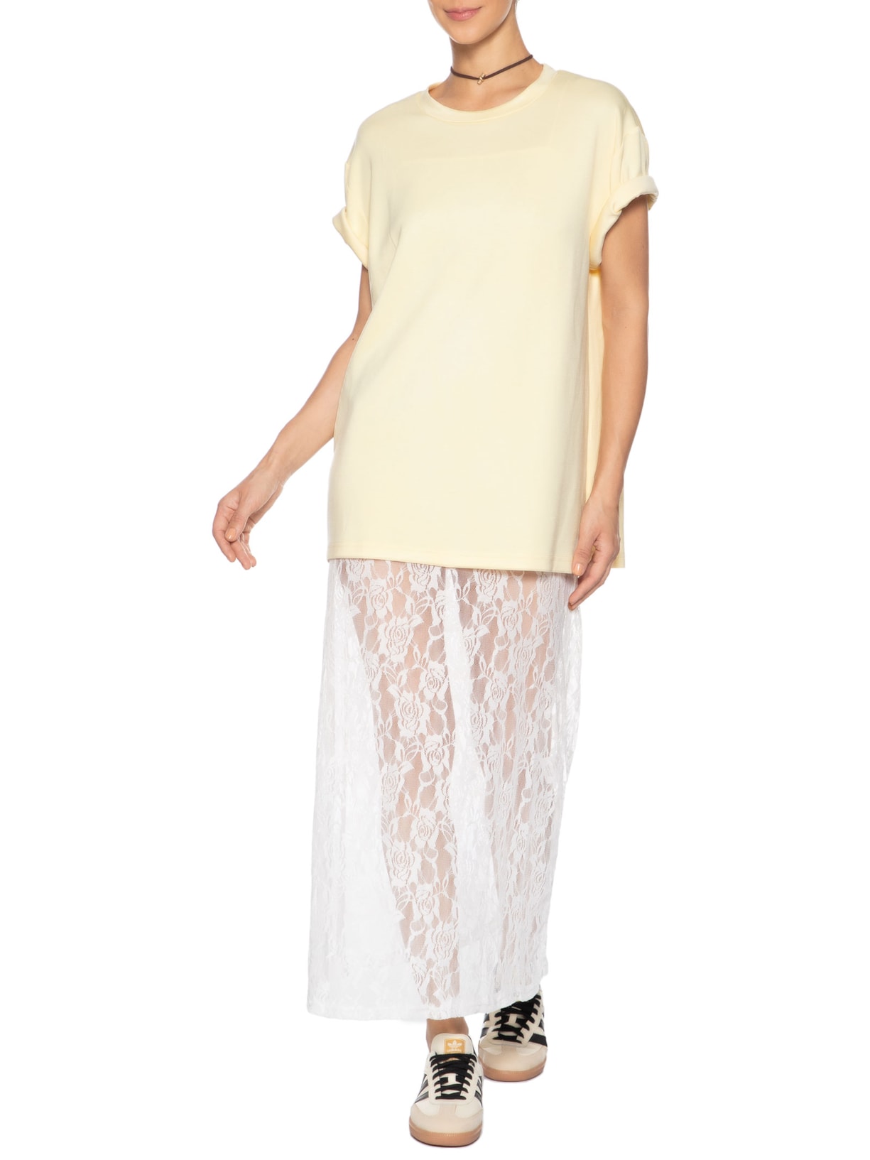 Vestido Longo Em Renda Com Camiseta Sobreposta Bege Market 33