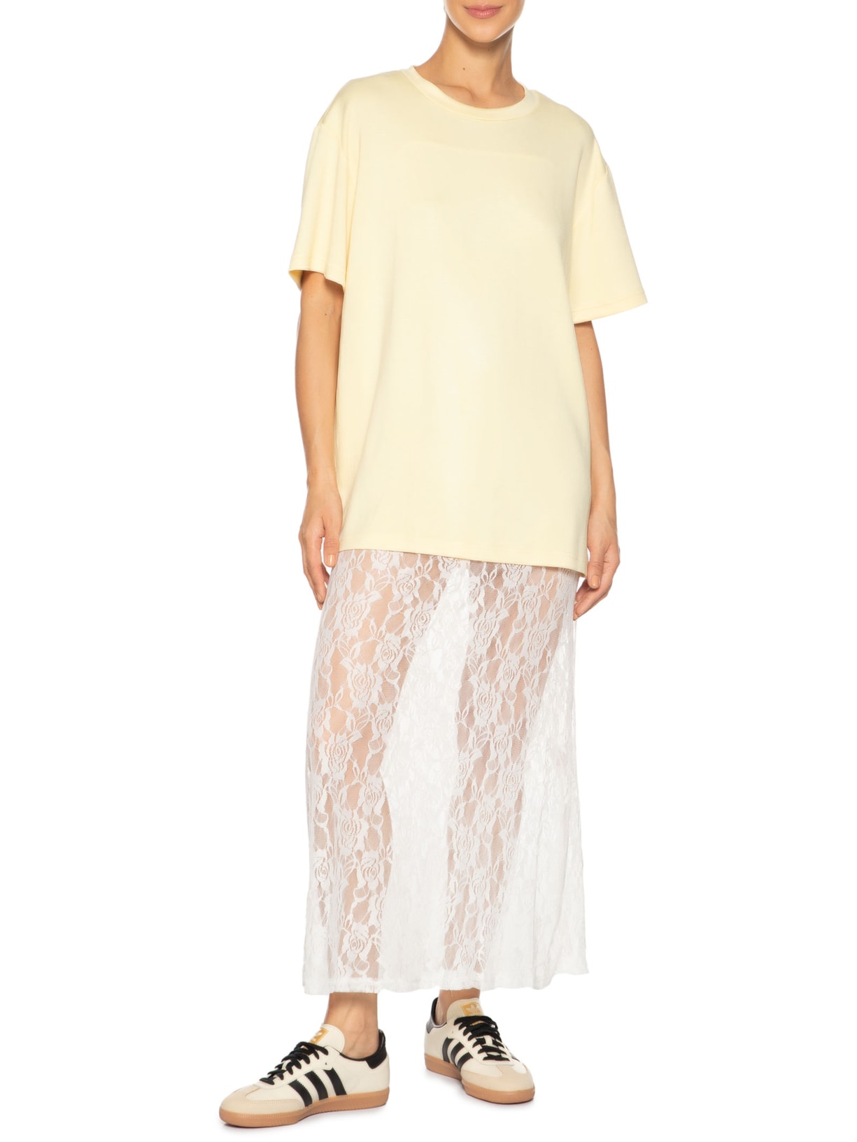 Vestido Longo Em Renda Com Camiseta Sobreposta Bege Market 33