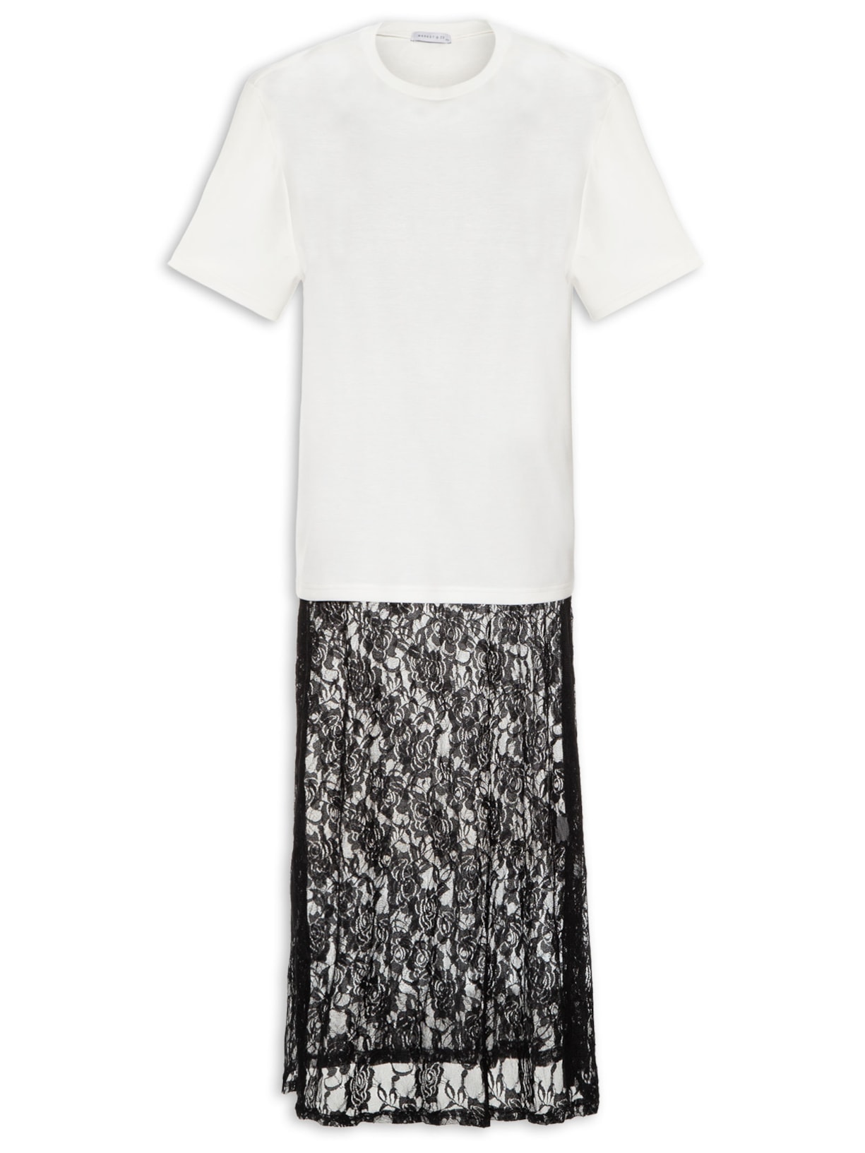 Vestido Longo Em Renda Com Camiseta Sobreposta - Off White