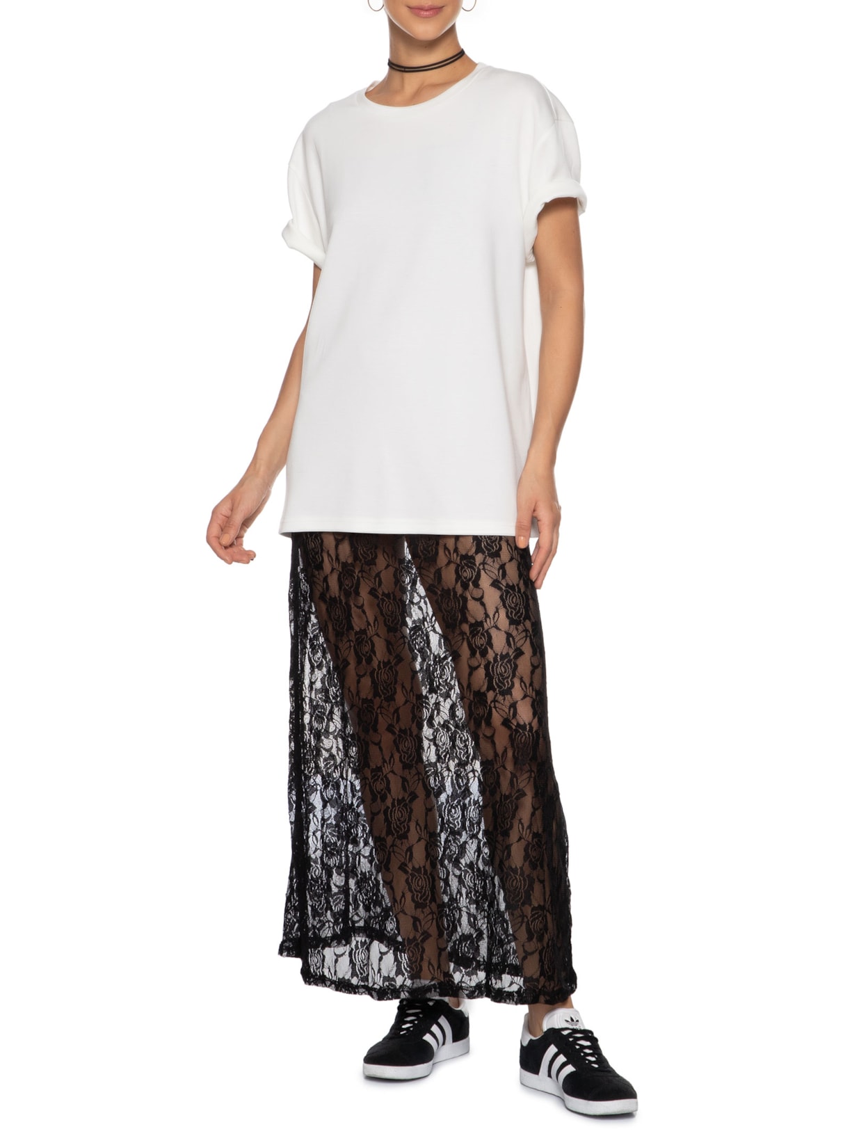 Vestido Longo Em Renda Com Camiseta Sobreposta Off White Market 33